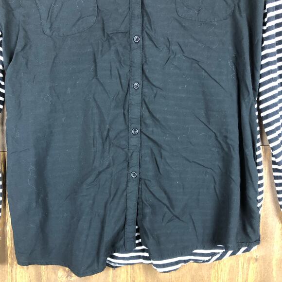 LOFT Womens Shirt Black White Striped Collared Sheer Long Sleeve Modal Blend L - Picture 3 of 15